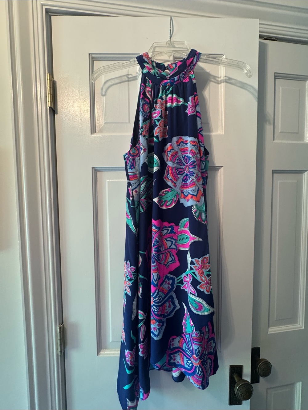 Alice & Trixie Navy Floral Halter Dress with Pink and Teal Accents